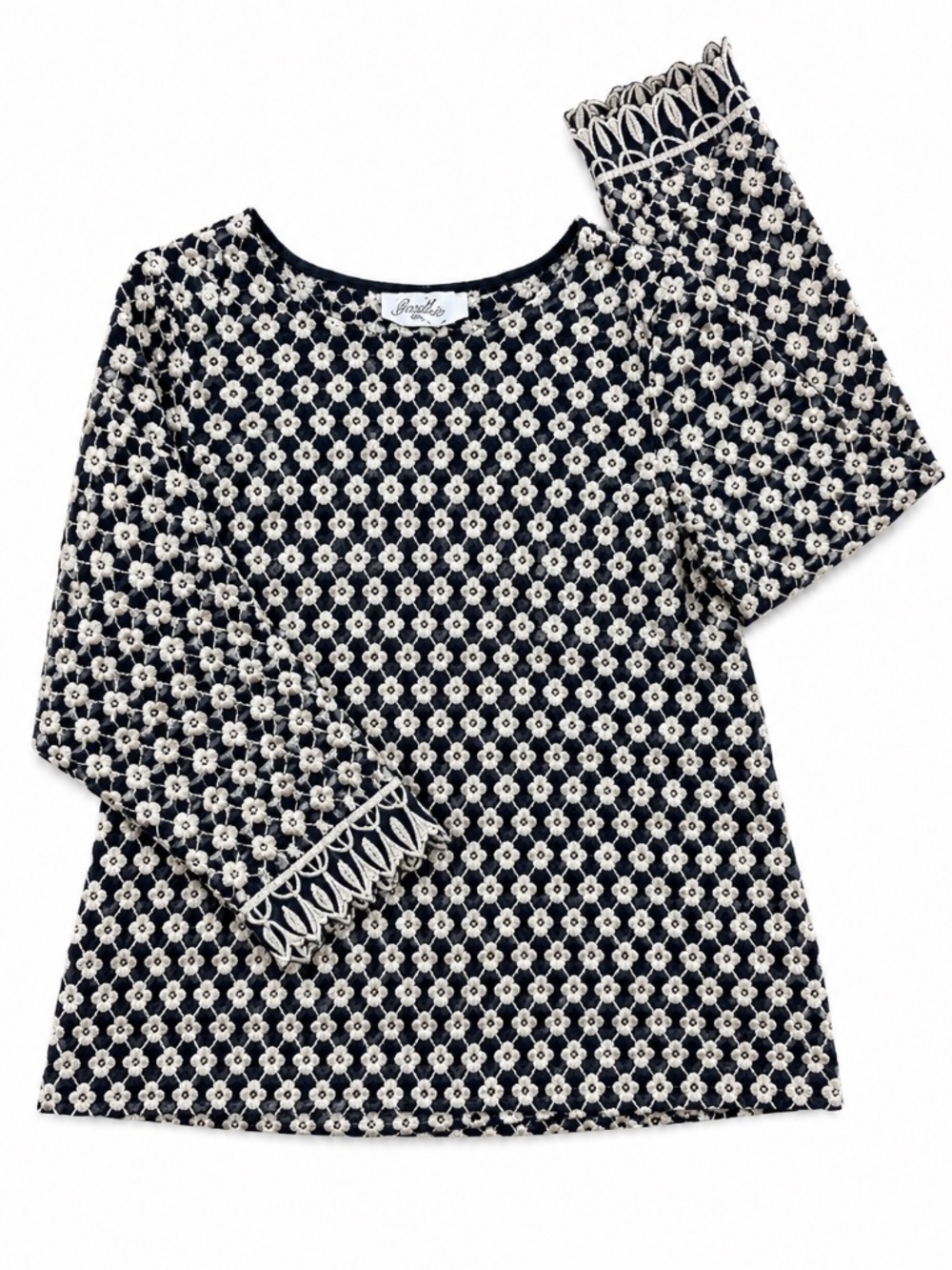 Berthie Navy Cream Floral Embroidered Blouse Scalloped Sleeve Top